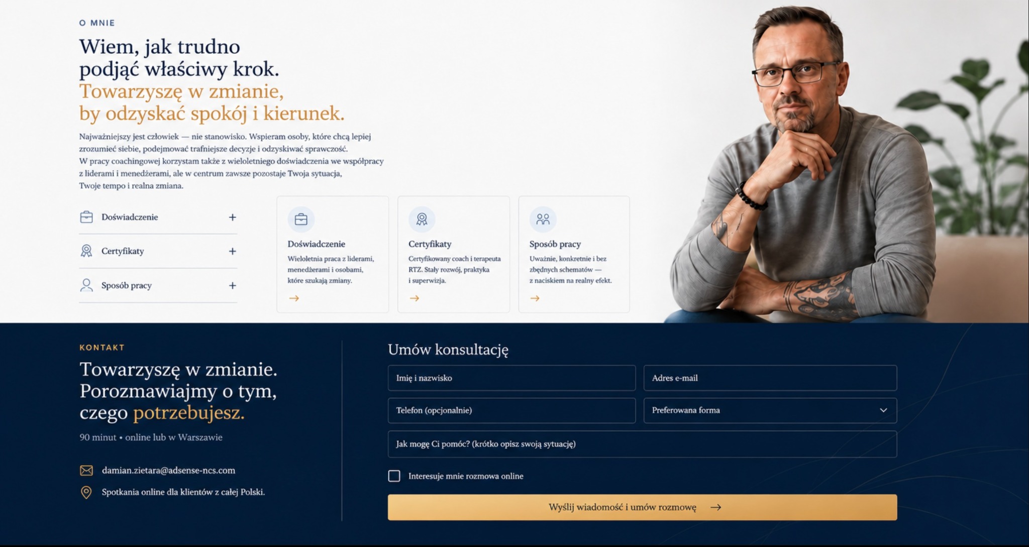 Sekcja O mnie i kontakt Damian Ziętara